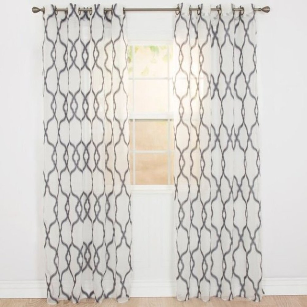 Trellis Emboidered Sheer Grommet Curtain Panel 54 in x 95 in White & Gray NEW